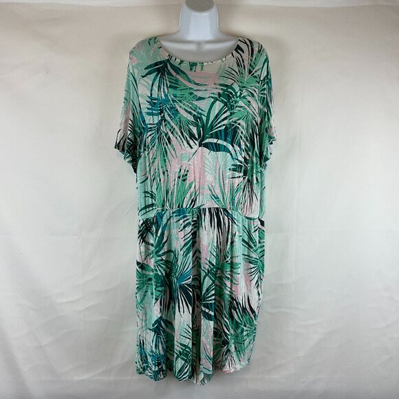 Lane Bryant Romper 18/20 Green Pink White Leaf Print Semi-Open Tie Back - Picture 1 of 12